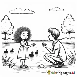 A peaceful black and white coloring page of a curly-haired 5-year-old girl standing beside her father by a lake. The girl holds a piece of bread and tosses it towards a group of ducks on the water. The father is crouched beside her, also holding bread. Simple, clear outlines depict the lake, ducks, trees, and grass, creating an inviting and serene scene perfect for coloring.