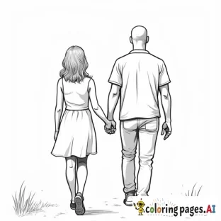 a petite short haired woman and adult walking with an adult male who is taller by 5inches holding hands show them like they are walking away from the viewers perspective can you make him have like a buzz cut