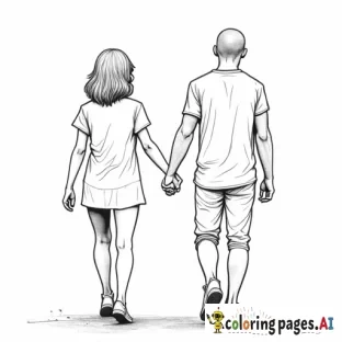 a petite short haired woman and adult walking with an adult male who is taller by 5inches holding hands show them like they are walking away from the viewers perspective can you make him have like a buzz cut make him skinnier too wirey