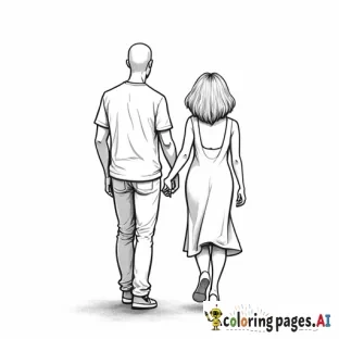 a petite short haired woman and adult walking with an adult male who is taller by 5inches holding hands show them like they are walking away from the viewers perspective can you make him have like a buzz cut make him skinnier too wirey can you make her more chubby curvy not fat