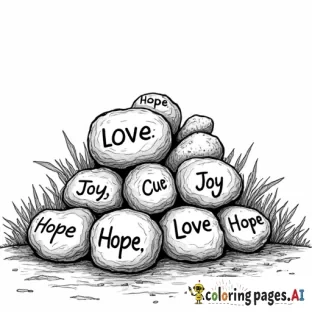 A pile of painted rocks with words like “Love,” “Joy,” and “Hope,” surrounded by children adding their designs.