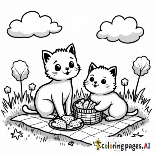 A playful cartoon cat and a kitten enjoying a picnic on a grassy field with a basket of food, flowers, and a blanket. The basket has treats like fish-shaped biscuits, and the scene has trees and clouds in the background, perfect for adding bright colors.  all in clear lines for a fun, coloring experience. black and white, line art, white background. plain white background. The outlines of all the subjects are bold black and easy to distinguish, making it simple for kids to color without too much difficulty.