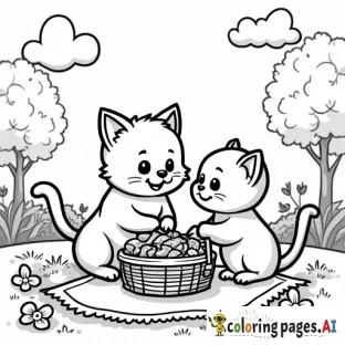 A playful cartoon cat and a kitten enjoying a picnic on a grassy field with a basket of food, flowers, and a blanket. The basket has treats like fish-shaped biscuits, and the scene has trees and clouds in the background, perfect for adding bright colors.  all in clear lines for a fun, coloring experience. black and white, line art, white background. plain white background. The outlines of all the subjects are bold black and easy to distinguish, making it simple for kids to color without too much difficulty.