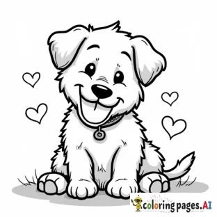 a puppy eating with hearts around it