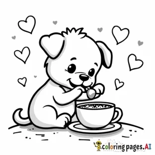 a puppy eating with hearts around it with a little girl named Arya