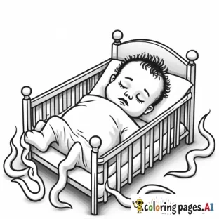 a realistic newborn girl sleeping in her crib but tentacles are coming up from under the bed