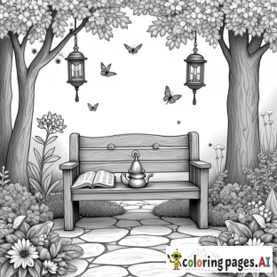 A serene garden bench surrounded by lush flowers, plants, and hanging lanterns. The bench has a soft cushion with a swirling, decorative pattern. On the bench, a book is open with a pair of glasses resting on top, and a teapot with a steaming cup is placed beside it. Tall trees with leaves forming a natural arch surround the scene. Small birds and butterflies flutter in the air, with intricate designs on their wings. A stone pathway leading to the bench is lined with blooming flowers, each petal carefully detailed for coloring. Scattered around the garden are symbols of mindfulness, like: A yoga mat rolled up near the bench. A watering can and gardening tools. Wind chimes with intricate dangling charms. Tiny stars, spirals, and sparkles are subtly placed in the negative spaces. A frame of vines, leaves, and flowers wraps around the page, with hidden affirmations like: "Breathe in peace."