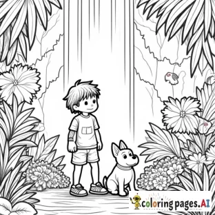 A simple and Funny about A boy and his dog exploring a tropical rainforest with a waterfall and colorful birds , with ultra-thin black outlines in a cute and comfy coloring page style, large areas for coloring, featuring no shading, no texture, no background, no color, no inner details