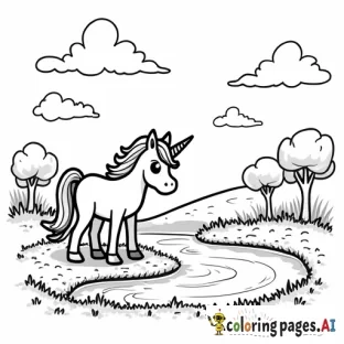 A simple cartoony unicorn looking at a pond in a fantasy land