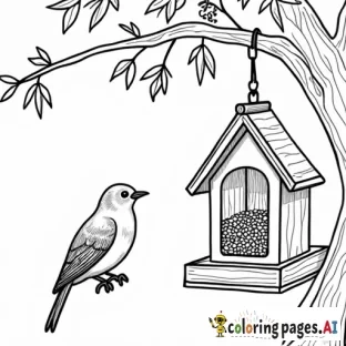 a small bird sitting on a tree branch, looking to an open bird trap which houses a single grain seed. coloring page style.