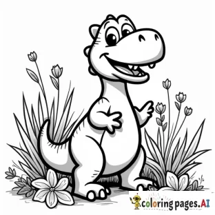 A smiling dinosaur surrounded by colorful plants and flowers.