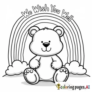 A snuggly bear sitting under a rainbow with We Wish You Well above the rainbow