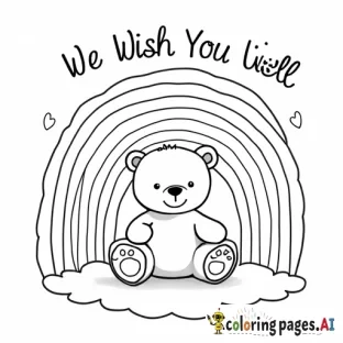 A snuggly bear sitting under a rainbow with We Wish You Well above the rainbow