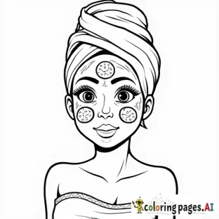 A spa day scene with a girl wearing a face mask, cucumbers on her eyes, and a towel on her head.