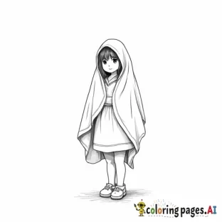 A standing girl with a blanket on her head
