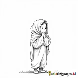 A standing girl with a folded blanket on her head