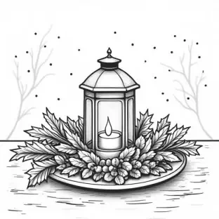 A table center piece with prigs of holly branches with leaves and holly berries and a winter lantern in the center. IN solid black oil median ART. Entire image to be completely surrounded by a bright white background.