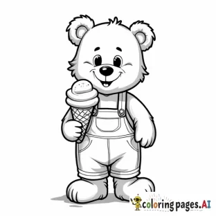 A teddy bear in overalls with a ice cream cone