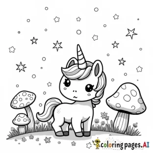 A tiny chibi unicorn with a fluffy mane and tail, standing in a meadow of oversized mushrooms and kawaii-style flowers, with twinkling stars above.