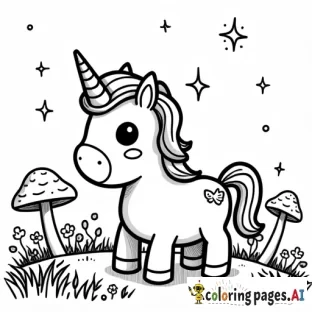 A tiny chibi unicorn with a fluffy mane and tail, standing in a meadow of oversized mushrooms and kawaii-style flowers, with twinkling stars above.