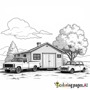a trailer in the background, with a two stall garage and little shed with an older pick up truck and a hatchback car parked next to a tall tree