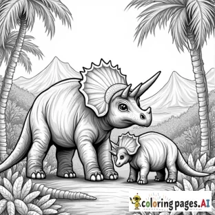 A Triceratops Family in a Lush Prehistoric Jungle – Add ferns, volcanoes, and other ancient plants in the background.