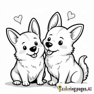 A valentine's day theme with two corgis named Mac & Cheddar.  The corgis have no tail. Incorporate cheddar cheese & mac-n-cheese