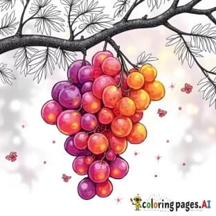A vibrant and magical cluster of glowing grape-like orbs hanging from a tree branch. Each orb is translucent, containing delicate, colorful flowers—red, pink, purple, and yellow—that glow softly from within. The natural green leaves add contrast, while the background is softly blurred, creating a dreamy and fantastical atmosphere with sparkling lights illuminating the scene."