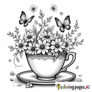 A vintage teacup overflowing with blooming flowers and curling vines, surrounded by delicate butterflies and floating petals. in a kawaii style