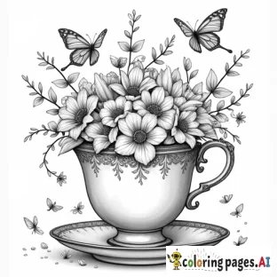 A vintage teacup overflowing with blooming flowers and curling vines, surrounded by delicate butterflies and floating petals.