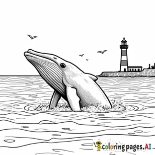 A whale breaching out of the water with a fishing boat and a lighthouse in the background
