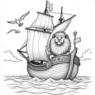 A whimsical and adventurous illustration of a ship sailing on the ocean. The perspective is zoomed out to show the entire ship, including its sails, mast, and deck. On the deck, a majestic lion is standing, and a 3-year-old boy is sitting on its back as if riding it like a horse. The boy holds imaginary reins and looks playful and commanding. The scene includes details such as the ocean waves, seagulls flying in the sky, and the ship’s flag fluttering in the wind. The overall style should be vibrant, with clear and bold outlines suitable for a children’s coloring book.