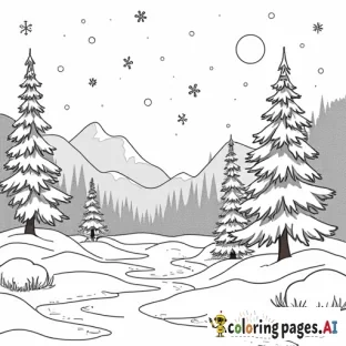 A winter scene with 31 spaces to color in