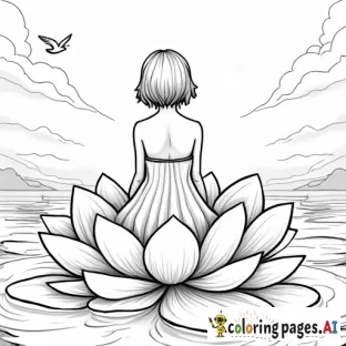 a woamn with short hair and a beautiful dress sitting on a lotus flower. it's a sunny day with a bird in the sky