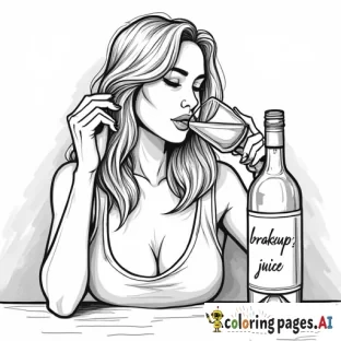 a woman at home drinking wine, wine bottle labeled breakup juice
