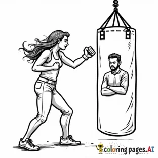 a woman hitting a punching bag with a pic of her ex boyfriend on it