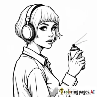 a woman with short hair and headphones on with her back to me with a spray paint can in her hand spraying