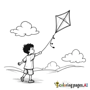 a young asian boy flying his kite in a sky filled with clouds