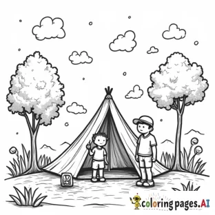 a young boy and his father at a camp site