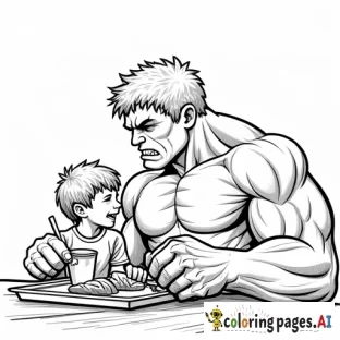 a young boy and the hulk having breakfast'