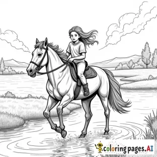 A young girl with long hair riding a horse next to a river