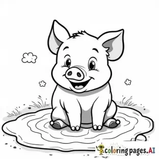 adorable pig playing in mud puddle, smiling, childrens coloring book page, black and white line art, cute cartoon style, bold thick outlines, no shading, easy to color for young kids
