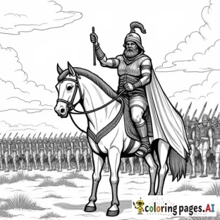 African warrior king on magical steed with large army and kingdom in distance superhero style