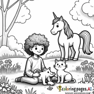 Almila, the 5-year-old curly-haired girl, is sitting happily in a sunny meadow, surrounded by three friendly cats. One is a playful kitten pawing at a butterfly, while the other two are lounging nearby, enjoying the warm sun. Almila’s father is standing close by, smiling as he watches her play. Behind them, a magical unicorn with a rainbow-colored mane is gracefully walking, adding a touch of enchantment to the scene. The meadow is filled with colorful flowers, and in the background, tall trees and fluffy clouds complete the peaceful setting. The large, simple shapes make this a fun and magical scene for kids to color