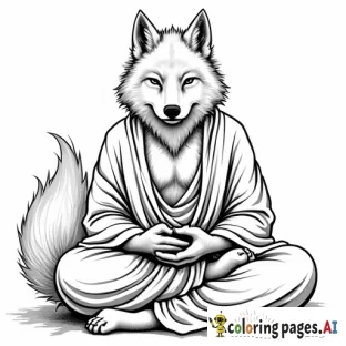 an angry wolf fursona character, buddha, spiritual, wolf feet, wolf hands,