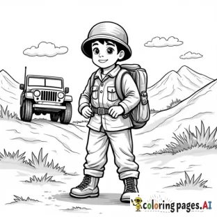 An eleven-year-old boy in an army uniform and rucksack with mountains and an Army jeep in the background