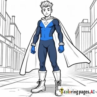 An illustration of    Athletic fit  boy blond caucasian  "Dren" Bierce aka Impressive Lad 14 years old  wearing     color blocked bodysuit, navy  leggings,   boots,   blue gloves and   hooded cape in city, telekinetic energy,  art in the style of Alex Ross