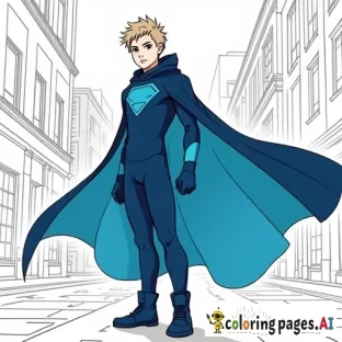 An illustration of    Athletic fit  boy blond caucasian  "Dren" Bierce aka Impressive Lad 14 years old  wearing midnight blue and turquoise color blocked bodysuit, navy blue leggings, navy blue boots,  navy blue gloves and midnight blue hooded cape in city, telekinetic energy,  art in the style of Alex Ross