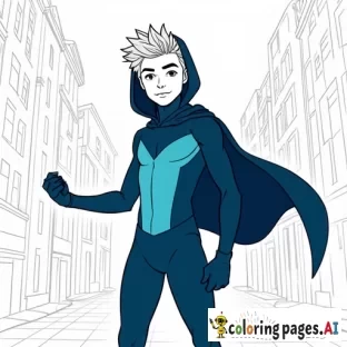 An illustration of    Athletic fit  boy blond caucasian  "Dren" Bierce aka Impressive Lad 14 years old  wearing midnight blue and turquoise color blocked bodysuit, navy blue leggings, navy blue boots,  navy blue gloves and midnight blue hooded cape in city, telekinetic energy,  art in the style of Alex Ross