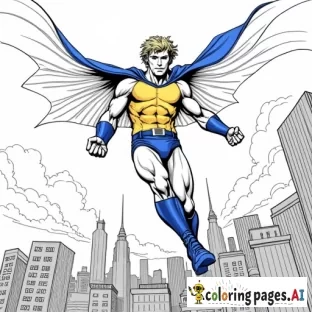 An illustration of    Muscular hunk Caucasian blond 18 year old Vaughn Harris aka Awesome Boy , wearing  , yellow bodysuit, royal blue briefs Royal blue suspenders, royal blue cape and royal blue boots   Flying over city showcasing telekinetic powers art in the style of Jim Lee